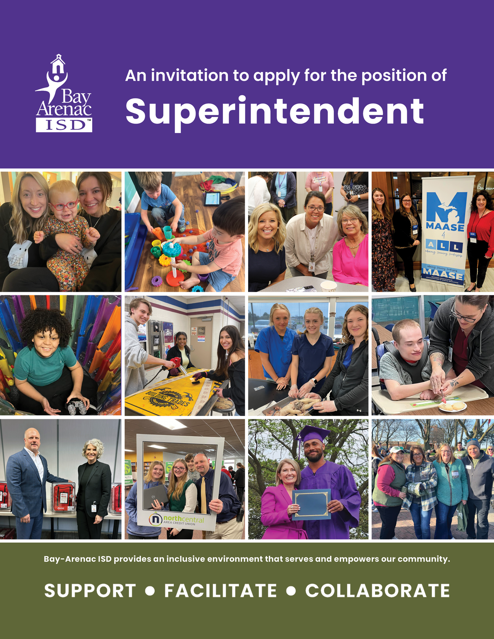 A promotional flyer for the Bay-Arenac ISD Superintendent position. The flyer features a purple header with the Bay-Arenac ISD logo and the text 